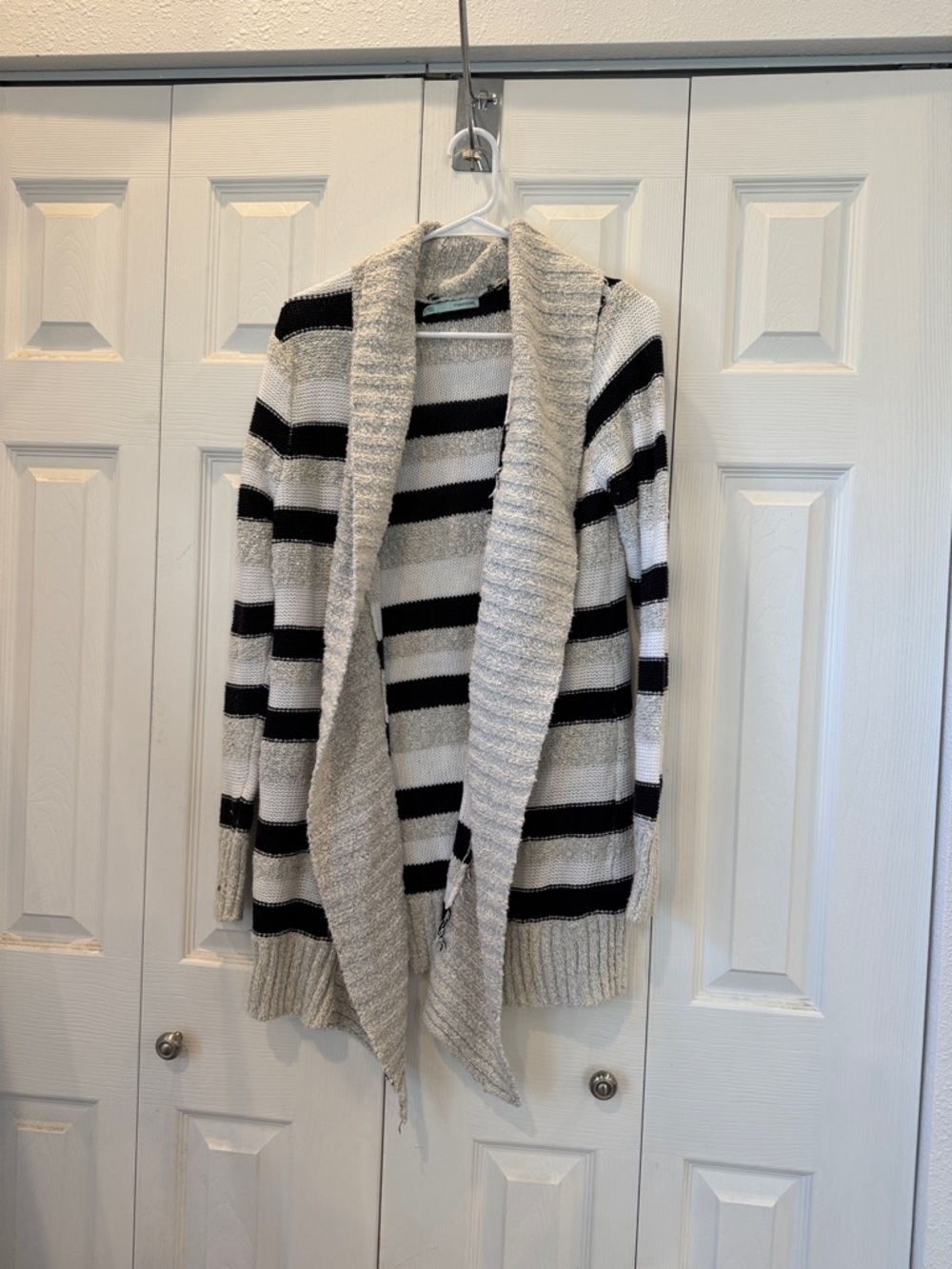 Maurices Black & Cream Striped Shawl-Collar Cardigan